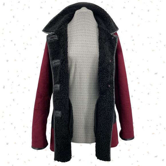 Coldwater Creek Microsuede Sherpa Lined Coat Winter Jacket Burgundy Black Petite - Picture 4 of 9